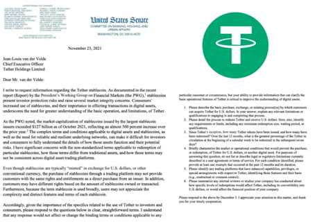 Tether“稳定币”流通规模引发监管机构高度关注 美国会提出六大质问